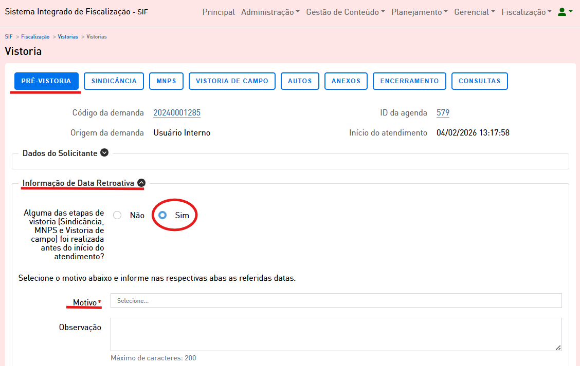 A edição de data retroativa fica na aba de pré vistoriapng